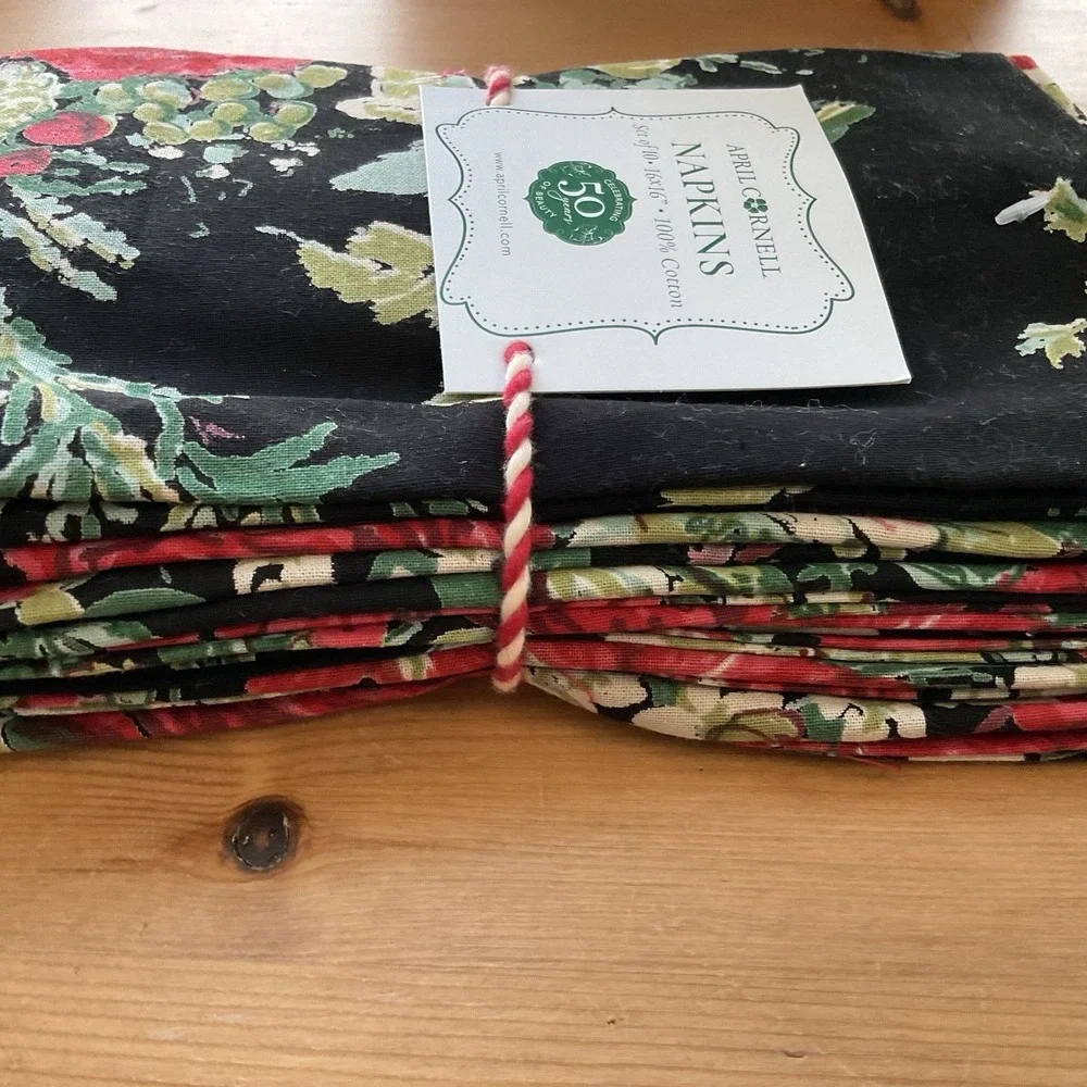 April Cornell Napkin Black Christmas Floral Cloth Set 10 16x16 Cotton Winter NEW